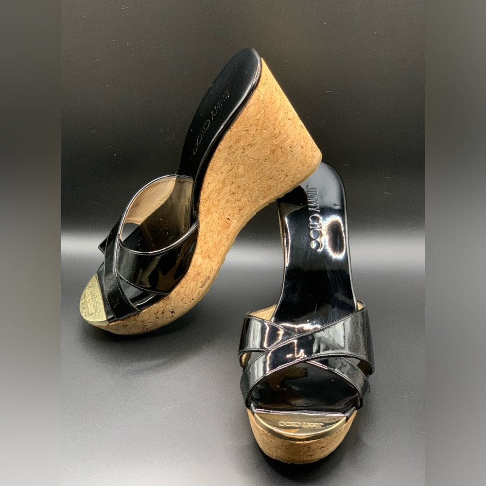 Jimmy Choo Black Patent Cork Wedge Sandals